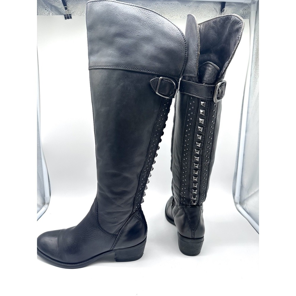 Vince Camuto Bollo Black Leather Knee High Biker Moto Goth Studded Boots 6.5 B